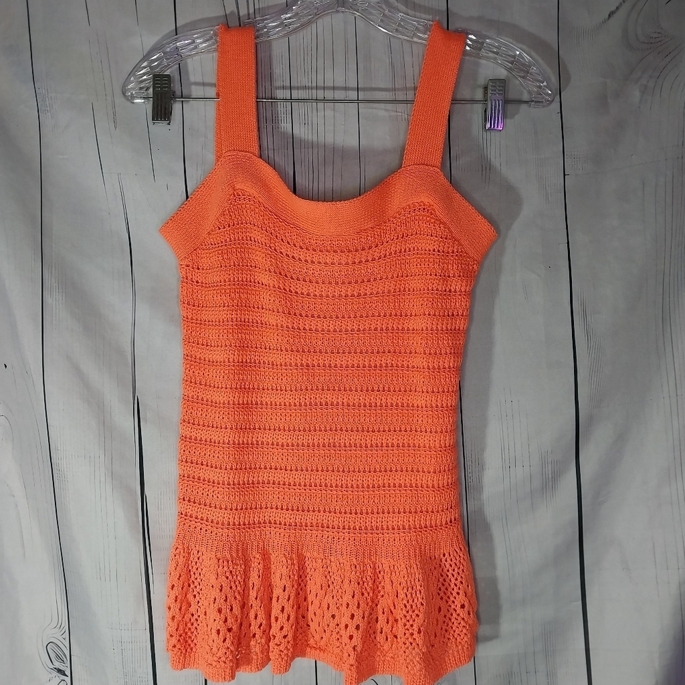 Davi & Dani Orange Knit Peplum Ruffle Hem Boho Sleeveless Top